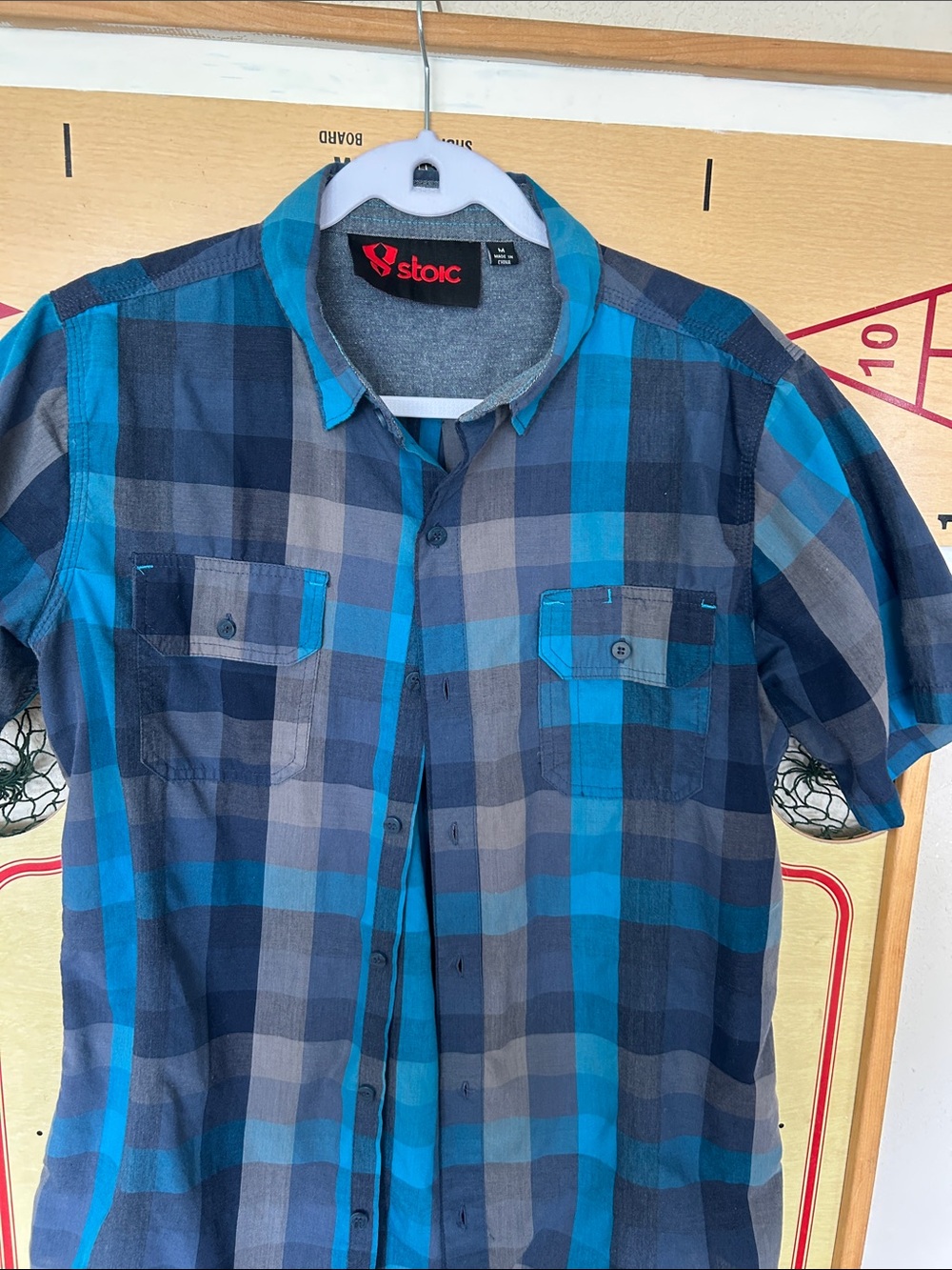 Stoic Men's Blue Plaid Short-Sleeve Shirt- M